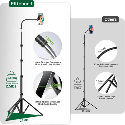 Vista 5 de elitehood Trípode de teléfono de 80 pulgadas de alto, soporte de grabación de teléfono de piso, soporte de trípode ajustable resistente para iPhone