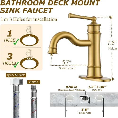 Vista 7 de Grifo romano para lavabo de baño dorado cepillado de un solo agujero, montaje en cubierta, conjunto de drenaje desplegable con placa de cubierta