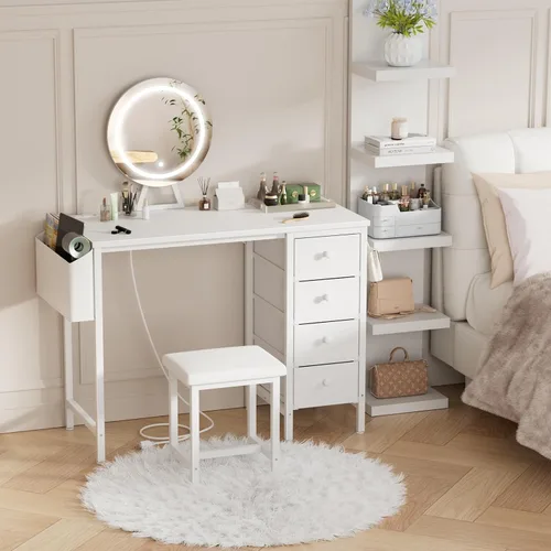Vista 2 de Escritorio de Tocador Blanco con Espejo y Luz - Juego de Tocador de Maquillaje con Mesa y Silla, Almacenamiento, Espejo Iluminado, 4 Cajones Grandes