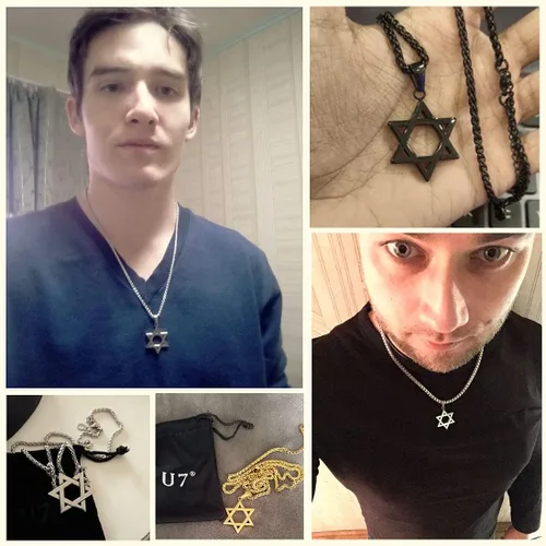 Vista 6 de U7 - Collar con Estrella de David para hombres y mujeres, dije hexagonal de acero inoxidable con cruz/piedra de rubí/collares clásicos judíos