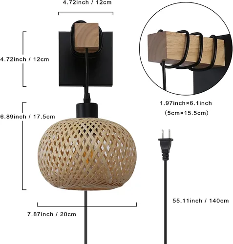 Vista 2 de SUNLLOK Moderna lámpara de pared de bambú enchufable, pantalla redonda de ratán colgante de pared, apliques de pared de mimbre para interiores