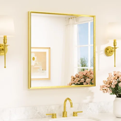 Vista 72 de TETOTE Espejo de baño dorado cepillado de 20" x 30", espejo de tocador de baño rectangular de latón dorado cepillado con marco biselado para sobre