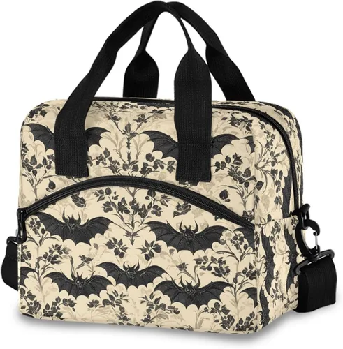 Vista 6 de MNSRUU Bolsa de almuerzo aislada murciélagos y flores vintage mujeres hombres tela tote enfriadora para cena bolsa reutilizable a prueba de fugas