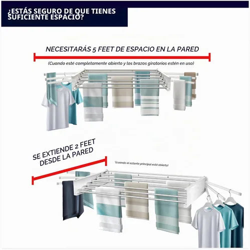 Vista 4 de MODERN-X Escurridor de ropa montado en la pared con 6 brazos giratorios, 35 pulgadas de ancho, 26 pies lineales de espacio de secado de lavandería