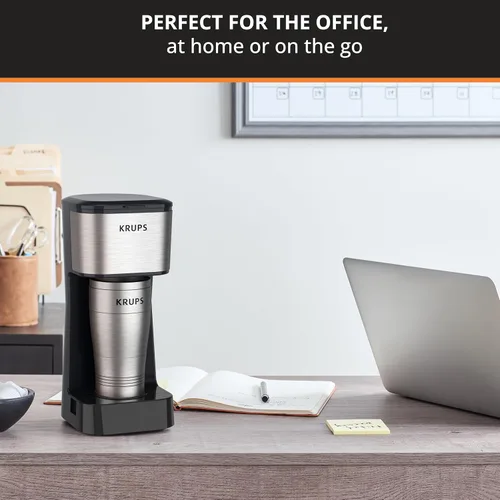 Vista 2 de KRUPS: Simply Brew - Cafetera de 2 tazas, cafetera de goteo de una sola porción de acero inoxidable y vaso de viaje, vaso de acero inoxidable de 14