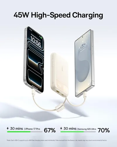 Vista 2 de Baseus Cargador portátil compacto de 20000 mAh de 45 W, banco de energía certificado CCC cables USB-C integrados, paquete de batería de carga rápida