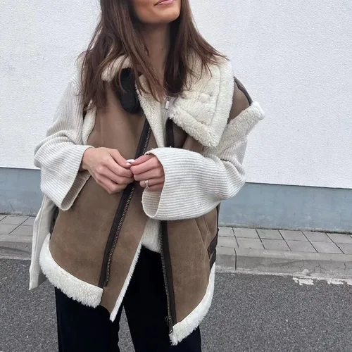 Vista 2 de APAFES Chaleco de gamuza de piel de invierno para mujer, cuello alto, sin mangas, forro polar