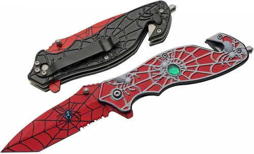 Vista 5 de SZCO Cuchillo plegable de tela de araña de 4.75 pulgadas, cuchillo de bolsillo EDC con mango de aluminio negro con incrustaciones rojas, hoja