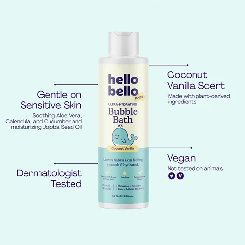 Vista 2 de Hello Bello Baño de burbujas para bebé, aroma suave de vainilla de coco, para bebés y niños, botella de 10 onzas
