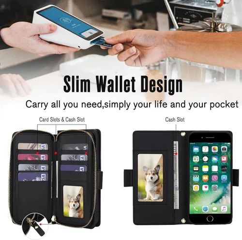 Vista 3 de Asuwish Funda compatible con iPhone 6/6s/7/8/SE 2020 2022 con cremallera y bloqueo RFID, protector de pantalla, correa cruzada i6 i7 i8 7s 8s SE2020