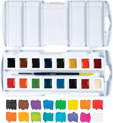 Vista 5 de Prang Pintura de acuarela semihúmeda no tóxica sin cera, media bandeja rectangular de plástico, 16 colores surtidos Pincel de pintura recargable