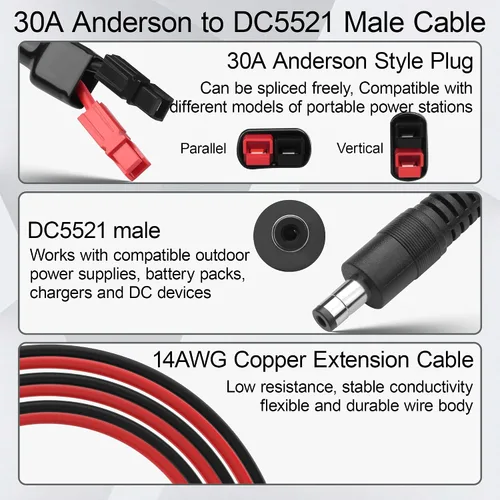 Vista 3 de Cable Anderson 30A a DC5521 macho (a conector macho 5521) 14AWG Anderson Conector a 0.2x0.1 in DC Cable adaptador de corriente macho para panel al