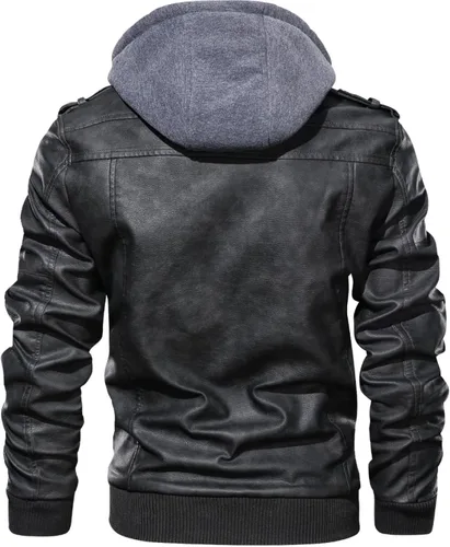 Vista 6 de ROSANI Chaqueta de piel sintética Can-am para hombre, chaqueta de motocicleta con capucha extraíble, impermeable casual con cremallera, color negro