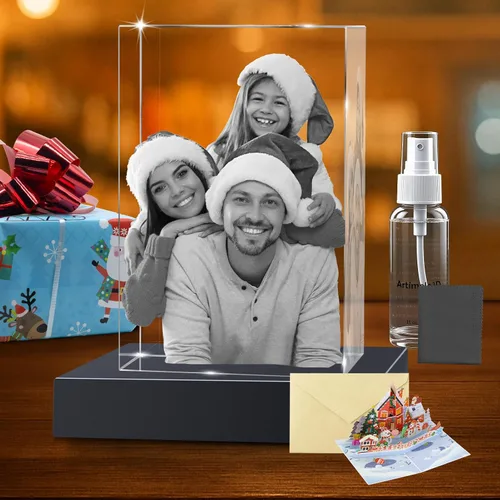 Vista 13 de Marco de Fotos Personalizado de Cristal 3D Rectangular Pequeño (Horizontal) – Premium: Base LED Multicolor, Envoltorio para Regalo y Tarjeta 3D