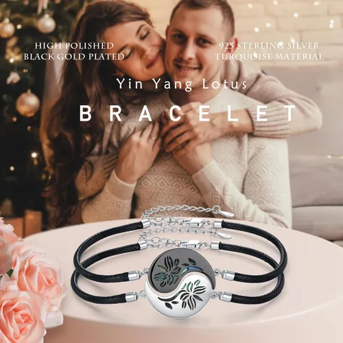 Vista 6 de Yin Yang - Pulsera de plata de ley 925 para parejas, árbol de la vida, luna de sol, montaña, abulón de loto, joyería para mujeres, hombres, parejas