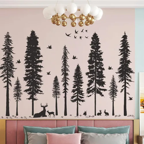 Vista 4 de Vinilo adhesivo de pared de pino, 9 árboles, ciervos, pájaros, conejos, bosques y naturaleza, removible de vinilo negro de alta calidad para niños
