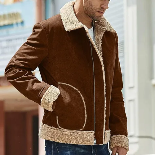 Vista 3 de WOSJKDJ Chaquetas de invierno para hombre, talla grande, de piel sintética, con forro de sherpa, chaquetas térmicas de piel de oveja de oveja