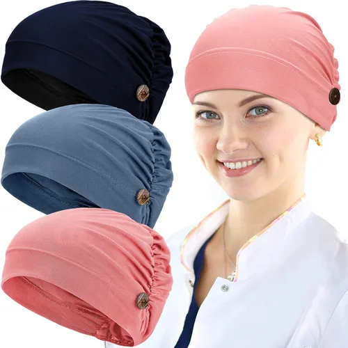 Vista 15 de Geyoga Gorras Bouffant con botones, unisex, elástica, turbante con botones para mujer, 3 piezas, Negro, Talla única