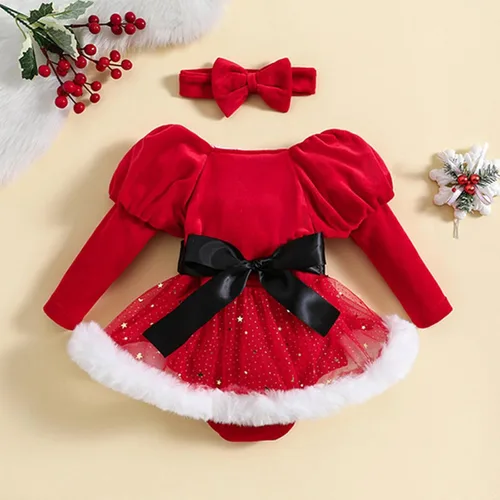 Vista 2 de Rswnyirn Vestido mameluco de Navidad para niñas pequeñas, vestido de tul de princesa de terciopelo rojo con diadema