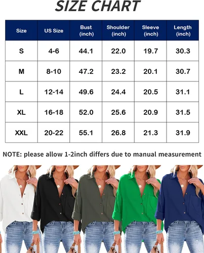 Vista 6 de Mingzhu Camisas de algodón de gran tamaño con botones para mujer, blusa casual de manga larga para negocios