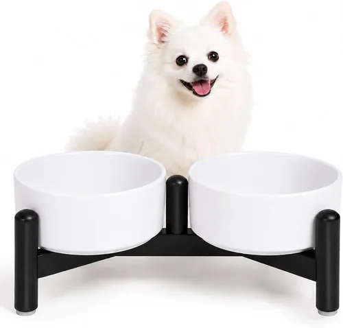 Vista 22 de Juego de cuencos elevados de cerámica para perros con soporte, 2 tazas de Negro