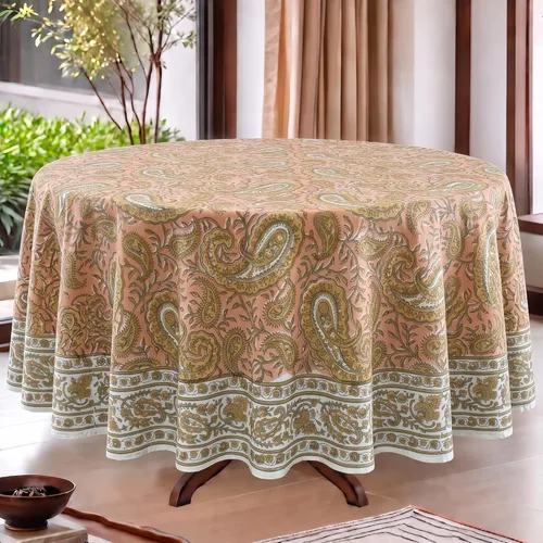 Vista 38 de Ridhi Mantel redondo estampado a mano color rosa flamenco 120 pulgadas 100%
