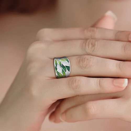 Vista 4 de Santuzza Anillo de plata de ley 925 con hojas de bambú, hecho a mano, esmalte y patrón de hojas para mujer, Gema, Zirconia cúbica