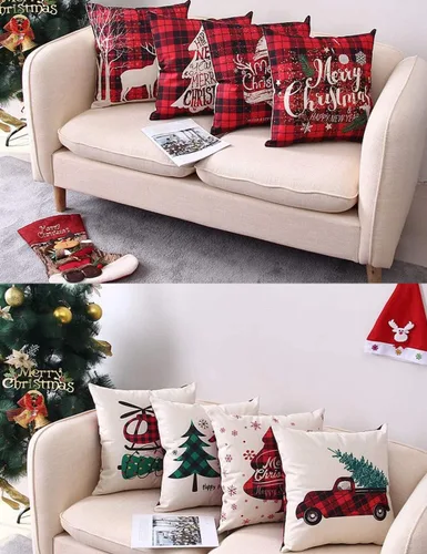 Vista 4 de Juego de 4 fundas de almohada navideñas a cuadros de búfalo de 18 x 18 pulgadas, decoración de almohada de lino y algodón rojo beige para decoración