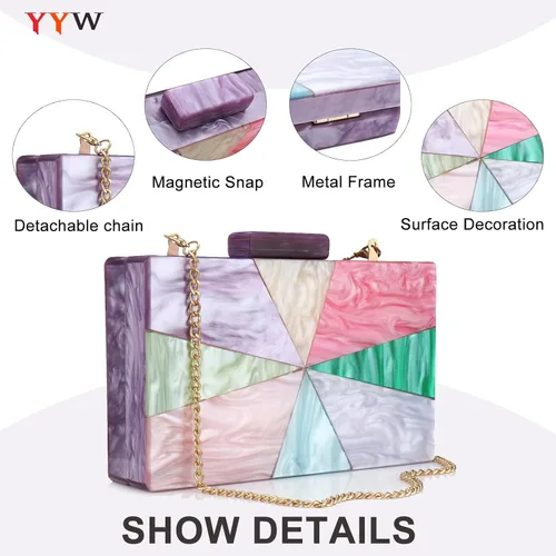 Vista 3 de YYW Monederos de mano de acrílico para mujer de boda bolso cruzado de noche multicolor con cadena desmontable