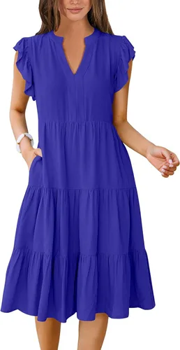 Vista 22 de ANRABESS Vestido de verano para mujer, manga con volantes, cuello en V, vestido midi a la moda, casual, holgado, escalonado, bohemio, playa