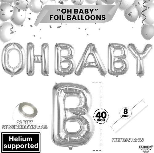 Vista 3 de KatchOn, Globo plateado Oh Baby de 16 pulgadas Globos plateados de Oh Baby para decoraciones de revelación de género Cartel de Oh Baby