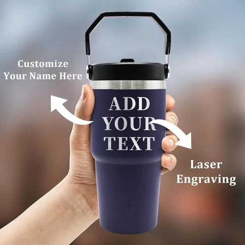 Vista 2 de Vasos de acero inoxidable grabados personalizados con nombres, tazas aisladas personalizadas con asa, taza de café de viaje, regalos para ella/él