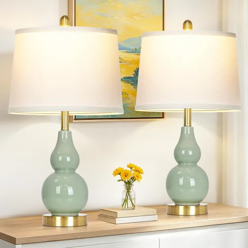 Vista 7 de Juego de 2 lámparas de cerámica de doble calabaza verde de 25 pulgadas, modernas lámparas de mesa de cerámica para sala de estar, elegantes lámparas