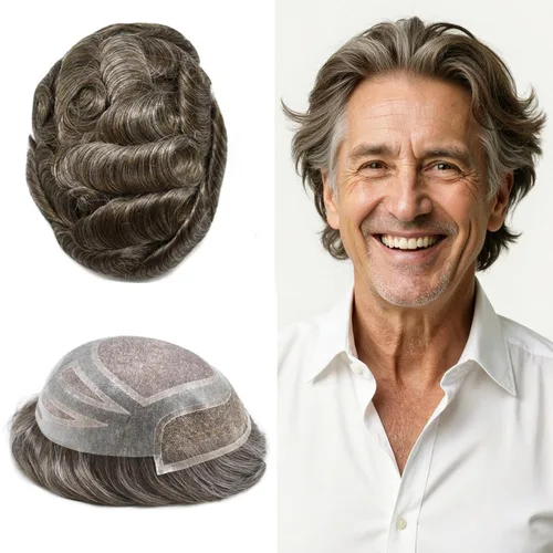 Vista 39 de Toupee - Piezas de pelo para hombres, cabello humano real, sistema de reemplazo de cabello francés, encaje francés, extensiones de cabello