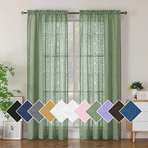 Vista 71 de Simplebrand Cortinas traslúcidas negras de cocina de 24 pulgadas de largo, 2 paneles, filtrado de luz, geométrico jacquard con textura, cortinas