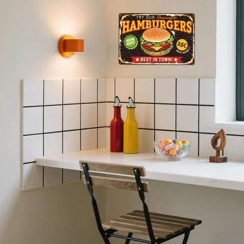 Vista 2 de WADORN Best in Town Hamburgers - Letrero de metal vintage, 7.9 x 11.8 pulgadas, diseño retro de hamburguesas, divertido letrero de metal de comida