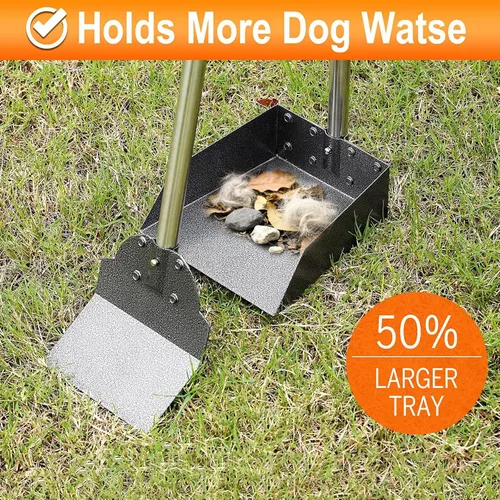 Vista 5 de Pala para excrementos de mascotas, juego de pala y bandeja de aluminio con mango largo ajustable de acero inoxidable, pala para residuos de mascotas