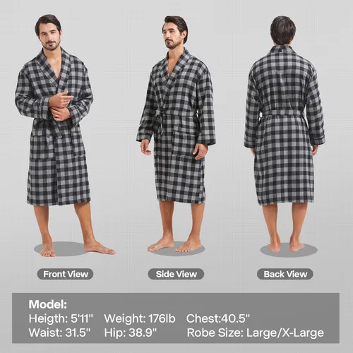 Vista 2 de FashGudim Bata de algodón a cuadros para hombre, ligera, con cuello de chal, kimono, ropa de dormir, ropa de descanso, batas de casa