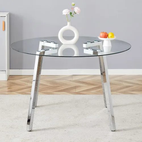 Vista 3 de Modern Luxurious Round Tempered Glass Dining Table with Silver 7 Shaped Metal Legs,Suitable for Family Meals, Office conferences, or as a Casual