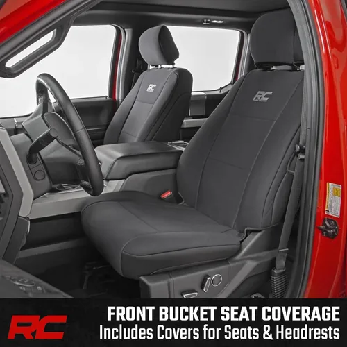 Vista 2 de Rough Country Fundas de asiento de neopreno para Ford F-150, Lightning, F-250 y F-350 con cabina doble (2015-2025) con asiento tipo cubo delantero