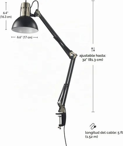 Vista 9 de Globe Electric 62000009 Lámpara de escritorio de 32" con múltiples articulaciones con abrazadera metálica, negro mate, acentos de latón antiguo