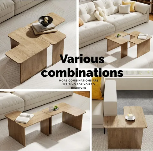 Vista 4 de Juego de 2 mesas de centro anidables modernas, de madera natural, en forma de L, para sala de estar, mesa auxiliar pequeña con mesa central ligera
