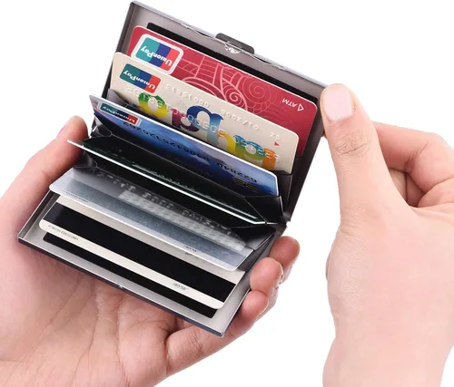 Vista 47 de BONSYL® Soporte para tarjetas de crédito, cartera delgada de metal con bloqueo RFID, con 6 ranuras para tarjetas, para mujeres y hombres.
