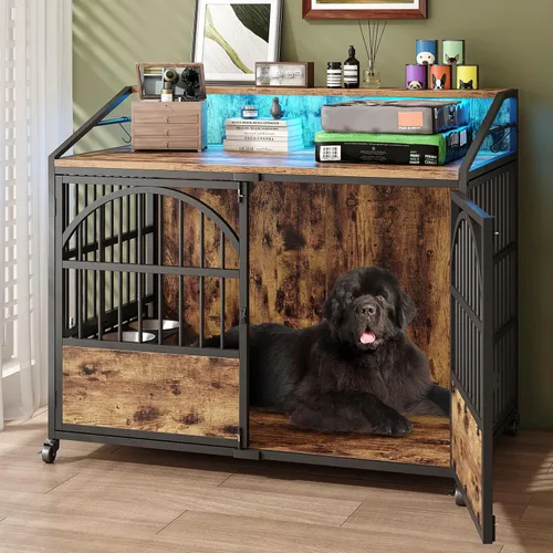 Vista 10 de BOINN Mueble plegable para perros de 41.3 pulgadas, no se ensambla, para perros de interior, jaulas de madera para perros con cuencos giratorios