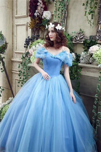 Vista 4 de Vestido de baile azul 2021, vestido de baile de graduación, vestido de princesa Cenicienta, vestido de cosplay con hombros descubiertos, vestido
