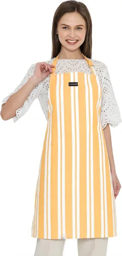 Vista 24 de Encasa XO Delantales de cocina de algodón para mujeres y hombres con bolsillo y bucle para toalla, correa ajustable para cuello y espalda