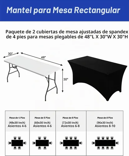 Vista 3 de Fixwal Juego de 2 manteles rectangulares elásticos negros de 4 pies, de elastano, ajustables, lavables, para fiestas, ferias, banquetes, bodas, bufés