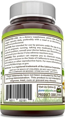 Vista 3 de Pure Naturals Curcumina de cúrcuma con bioperina 2250 mg por porción suplemento Cápsulas vegetales Sin OMG Sin gluten Fabricado en Estados