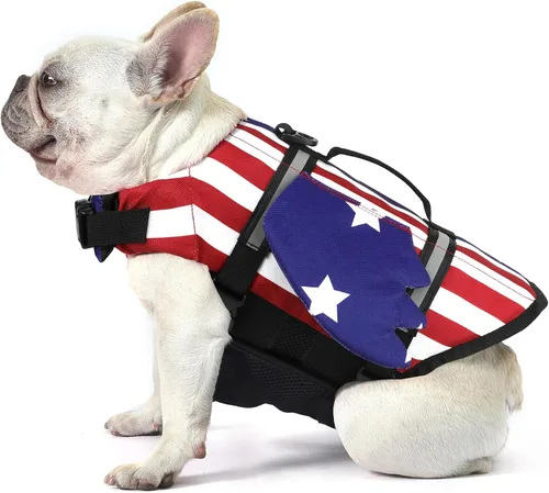 Vista 10 de Petglad Chaleco salvavidas para perro, chaleco salvavidas ajustable con alas lindas con flotador de barbilla y asa, para nadar, navegar, chaleco Azul