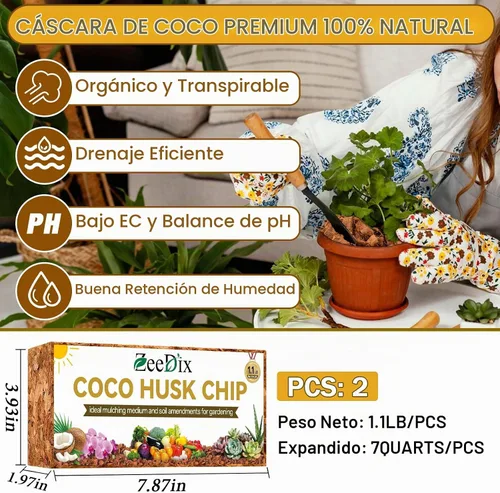 Vista 2 de Zeedix - Paquete de 2 chips de coco para plantas, mantillo de cáscara de coco de 2.2 libras